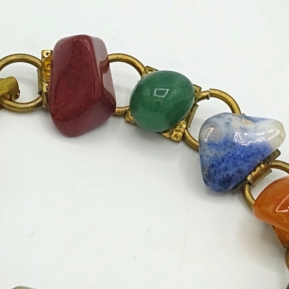 Polished Gemstone Rainbow Chakra Gold tone Link Bracelet 1970s Vintage - Picture 6 of 11